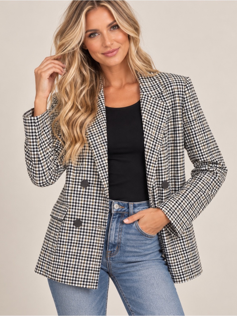 Love Tree Womens M Multicolor Plaid Double Breasted Open Front Blazer